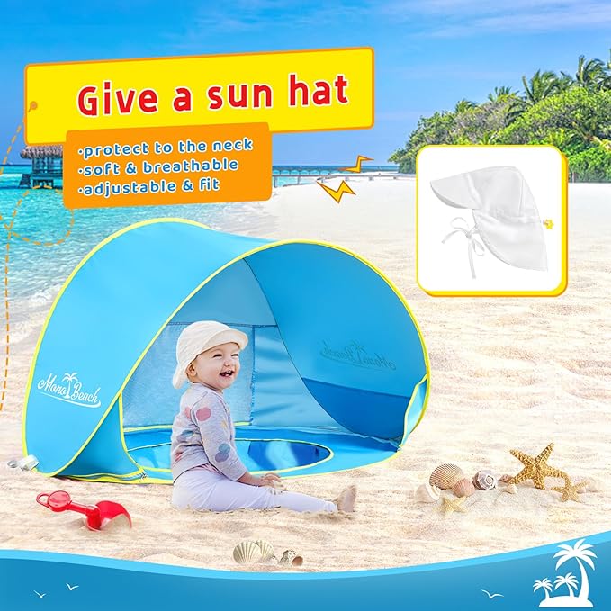 Monobeach Baby Beach Tent with Sun Hat Pop Up Portable Shade Pool UPF50+ UV Protection Sun Shelter for Infant with Easy Set Up Canopy (Blue)