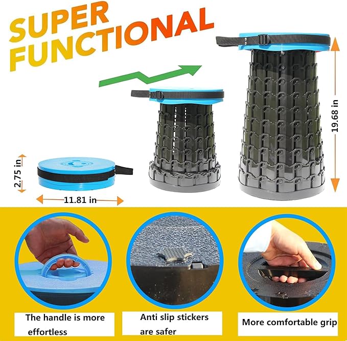 ALEVMOOM Upgraded 19.7" Portable Collapsible Folding Stool Retractable Telescoping Foldable Stool for Adults Heavy Duty Camping Sturdy with Max Load Capacity 1000lbs for Outdoor Fishing Hiking BBQ