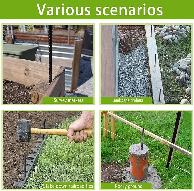 Straight-Rebar-Ground-Stakes 16Inch,Black Coated Straight Ground Anchors with Chisel Point End,Anti-Rust 50Pack Heavy Duty Steel Stakes for Landscape Timbers House Structure Plant Support in Garden