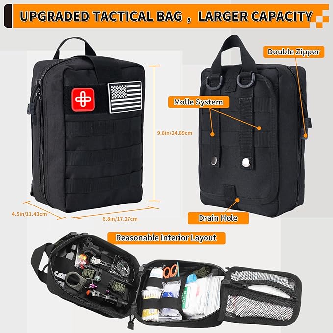 Survival Kit, Gifts for Men Women Teen Boys, 252 pcs Survival Gear and Equipment Mini First Aid Kit for Car Home, Emergency Kit with Molle System for Earthquake, Outdoor Adventure, Car Travel