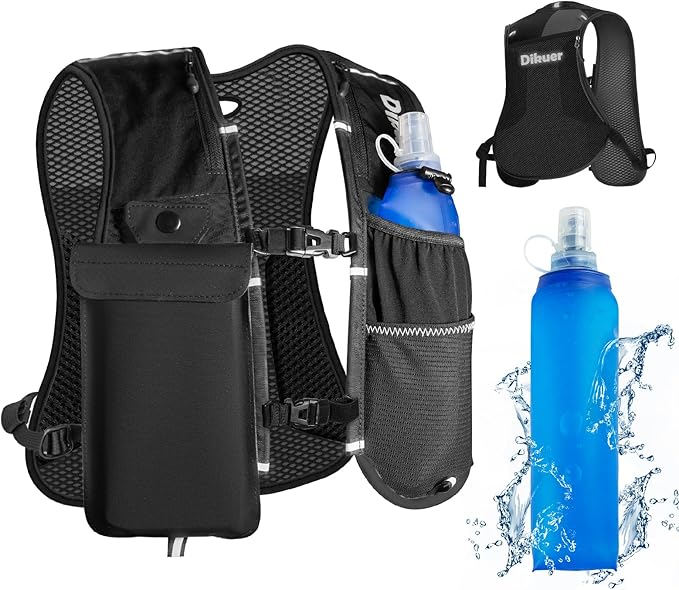 Running Vest for Women Men, Lightweight Hydration Runner Vest with Transparent Waterproof Phone Pocket, 17oz Soft Flask, Adjustable Chest Straps Reflective Backpack for Hiking Cycling Jogging