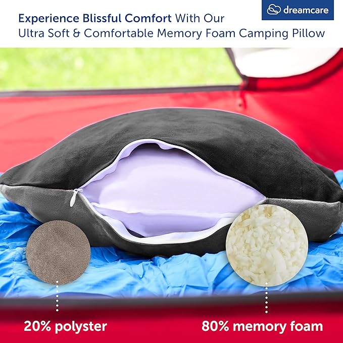 DREAMCARE Camping Pillow, Memory Foam Travel Pillow, Camping Accessories - Small Pillow Camping Essentials Camping Pillows for Sleeping, Backpacking Pillow, Travel Pillows for Sleeping (Medium,Black)