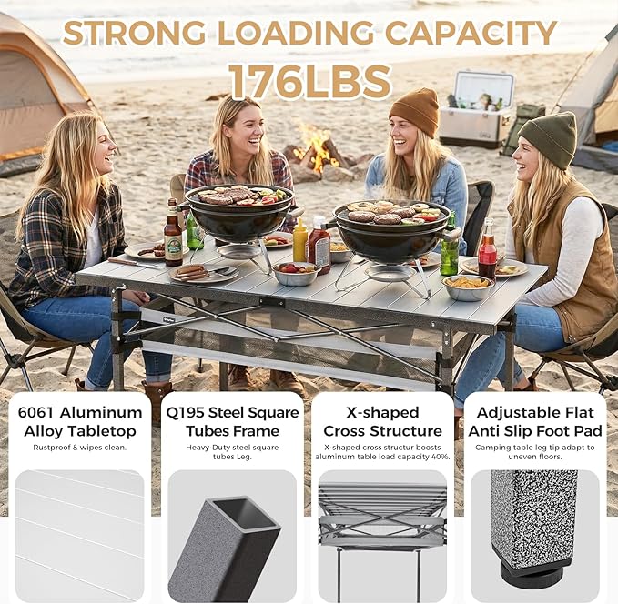 KingCamp Folding Camping Table, Aluminum Roll-Up Camp Table, Large Foldable Table for 6-8 Person, Outdoor Portable Tables with Carry Bag, 180 LBS Heavy Duty Load (Silver+Mesh：53.5" × 27.5")
