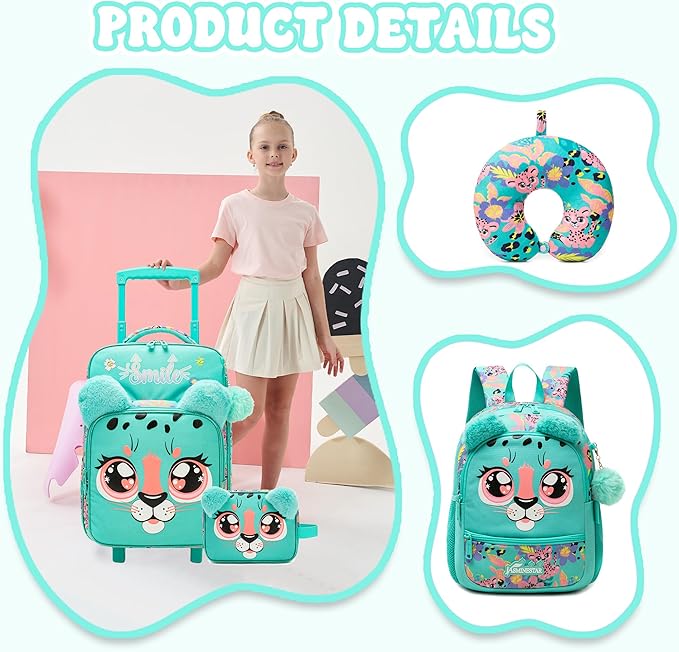 Kids Carry On Luggage with Wheels Softside Kids Suitcase for Girls Airline Approved & Girls Multi-function Carry Bag 4pcs Set