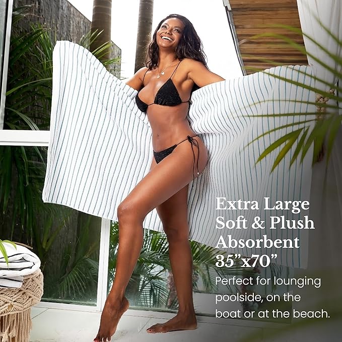 Black & White Brands Brazilian Beach/Pool/Bath Towel - Ultimate Absorbent Luxury XL 36x70 100% Cotton Wave (2 Towels, Turquoise Poly Stripe)