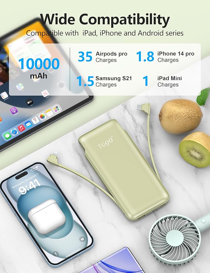 Portable Charger Power Bank with Built-in Cable & AC Plug, 10000mAh Fast USB-C Charger, Slim Mini Battery for iPhone 16/15/14/13/Pro/Max & All USB-C Devices