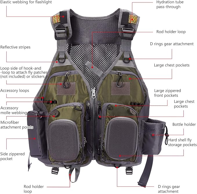 BASSDASH Strap Fishing Vest Adjustable for Men and Women, for Fly Bass Fishing and Outdoor Activities