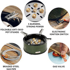 ONLYFIRE Portable Camping Gas Stove with Storage Bag & Foldable Brackets, 5 Burners Camp Stove 3 Fuels Adapters, Propane Stove for Outdoor Cooking Picnic Camping Backpacking Hiking, Green GS344