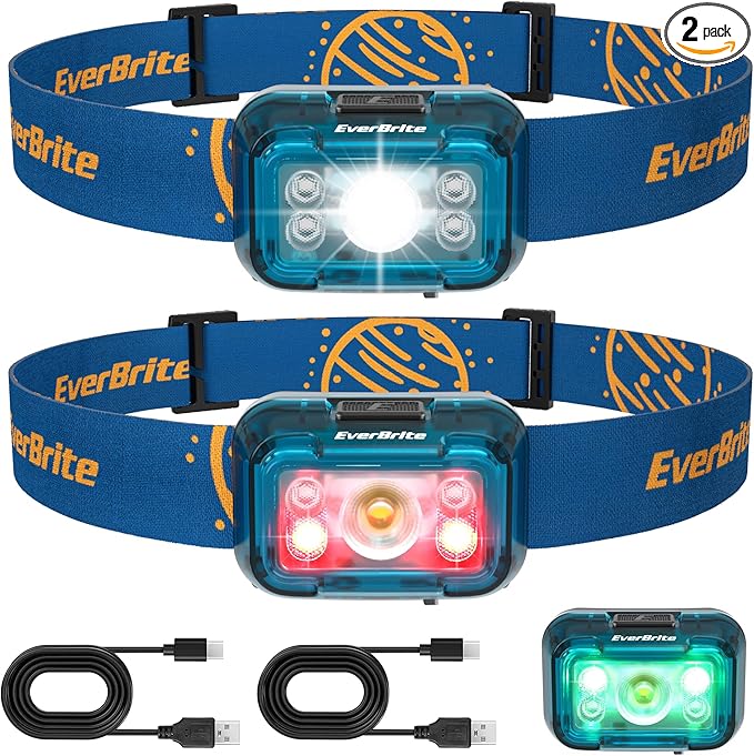 EverBrite Rechargeable Headlamp, 2 Pack Kids Headlamp with White/Red/Green Light and Memory Function, Head Lamp for Adult and Kid with 5 Modes, 120° Adjustable LED Headlamp for Camping, Running-Blue