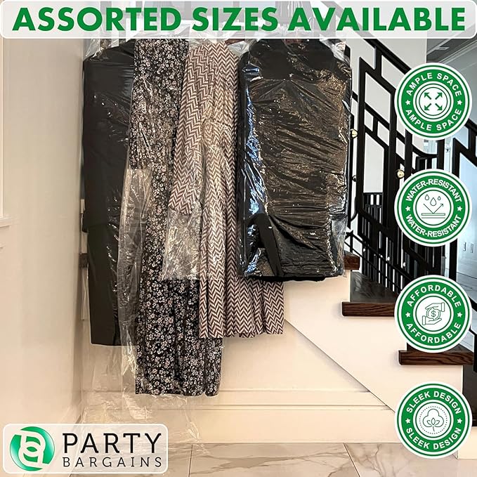 PARTY BARGAINS 72 x 20 Inch Disposable Clear Garment Bags, 100 Pack – Heavy-Duty Plastic Clothes Covers for Suits Dresses Coats, Closet & Travel