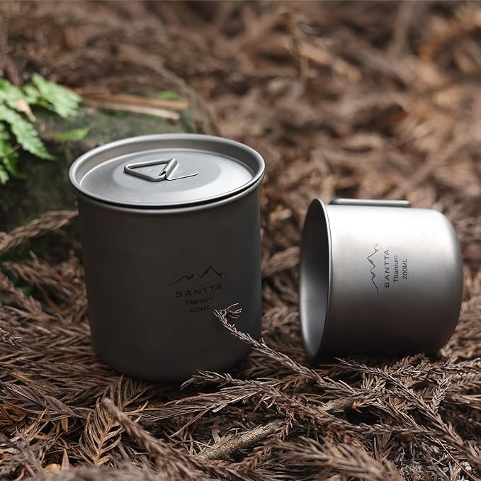 SANTTA Titanium Cup | 14 OZ Leightweight Camping Mug with Foldable Handle and Lid 420mL