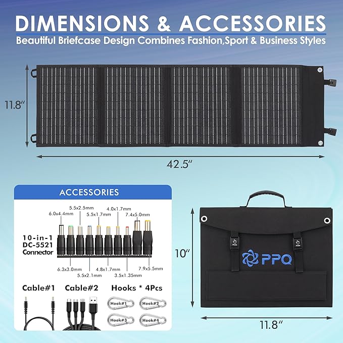 PPQ 40W Portable Solar Panel Kit 18V/2.2A,3lb Foldable Briefcase Solar Charger w/ 24% Efficiency,2 Cables & 14 Outputs for All Phones, Pads, Camping Power Banks, IP67 Waterproof