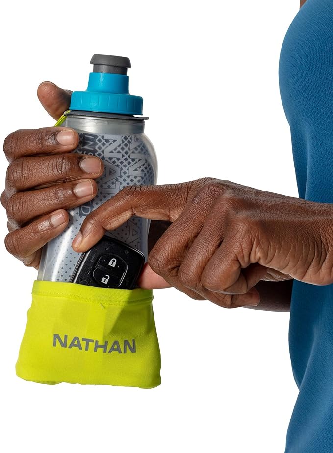 Nathan Running Handheld Water Bottle Adjustable No-Grip Quick Squeeze Lite Hand Strap. 12 oz Insulated Water Bottle. Reflective Hydration