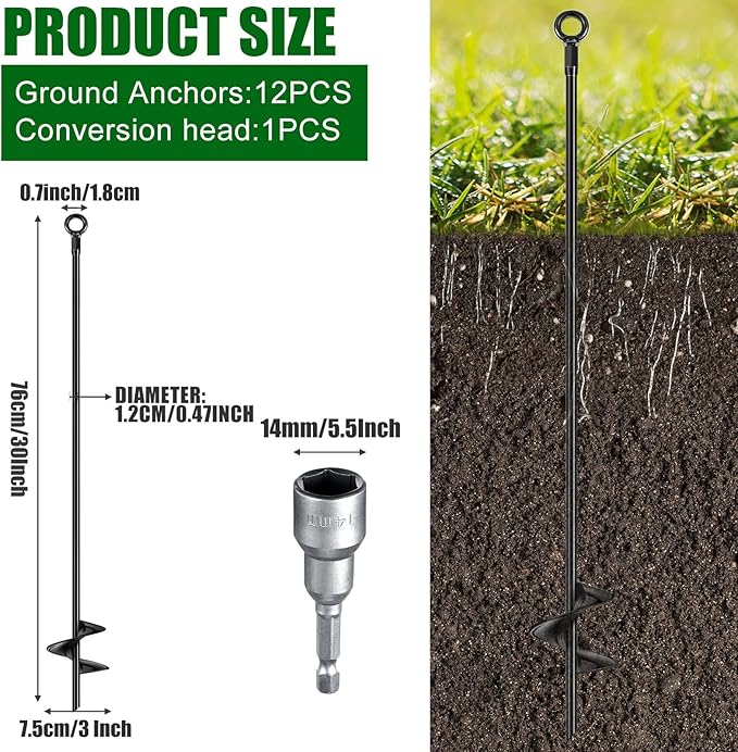 Lasnten 12 Pcs 30 Inch Heavy Duty Ground Anchor Spiral Blade Earth Anchor Kit Metal Anchor Hook Beach Sand Stakes Camping for Securing Animals, Shelters, Tents, Canopies (Black)