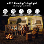 2PCS Camping String Lights 33ft, 4 in 1 Rechargeable 100LED Outdoor Tent String Lights with 14 Lighting Modes Remote Control Waterproof with Timer Function for Camping Gear Essentials Hiking Garden