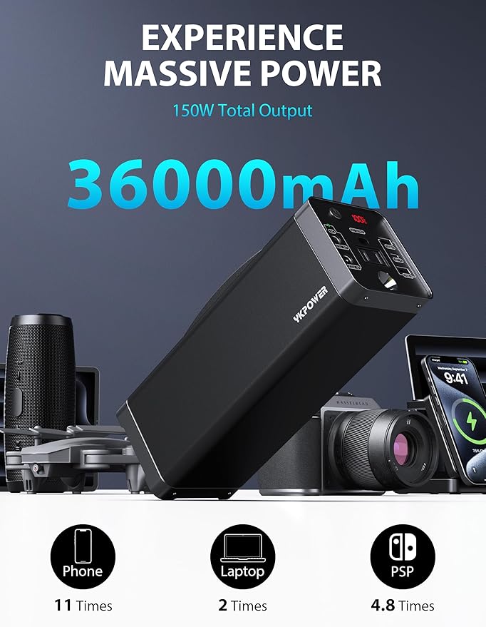 Portable Power Station 150W, 133.2 Wh/36000mAh Fast Charging, Rechargeable Generator with 5 Outputs, AC Outlets Power Bank with LED Light for Backup Home Outdoor Emergency Travel Camping RV