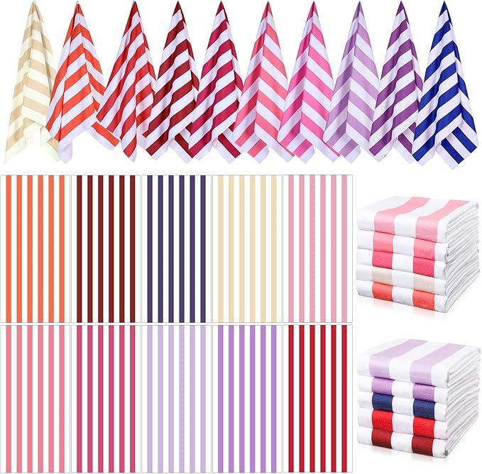 EBOOT 10 Pack Oversized Beach Towel Set Extra Large Pool Towels Microfiber Quick Dry Swim Blanket for Adult Women Men Face Hand Body Bath Travel Pool(Fancy Color,28 x 59 Inch,Cabana Stripe)
