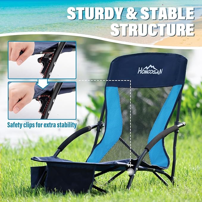 Homcosan Portable Low Folding Beach Chair - Lightweight Camping Chair for Adults with Cup Holder & Storage Pocket, Carry Bag Included (Navy & Blue)