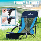 Homcosan Portable Low Folding Beach Chair - Lightweight Camping Chair for Adults with Cup Holder & Storage Pocket, Carry Bag Included (Navy & Blue)