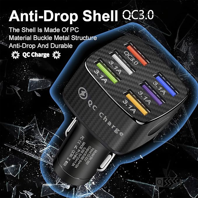Amiss Car Charger Adapter, 6 USB Multi Port, Fast Charger, Include QC 3.0 and 5 Other Ports, Car Interior Accessories, Fit for iPhone 17/16/15/14/13Pro Max, Samsung, Android (Black 2pcs)