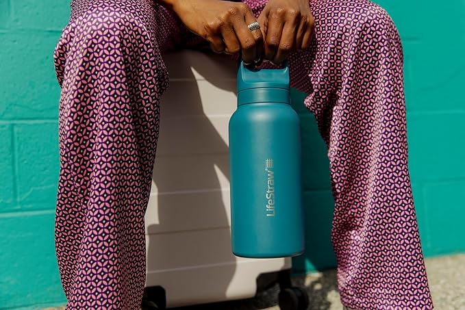 LifeStraw Go Series — Insulated Stainless Steel Water Filter Bottle for Travel and Everyday Use Removes Bacteria, Parasites and Microplastics, Improves Taste, 1L Kyoto Orange