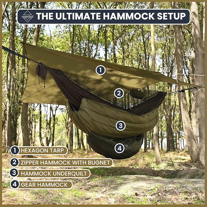 Onewind 11ft Camping Hammock with Mosquito Net and Adjustable Ridgeline, Lightweight Portable Double Hammock with Tree Straps and Bug Net, Ideal for Camping, Hiking, Backpacking, Coyote Brown