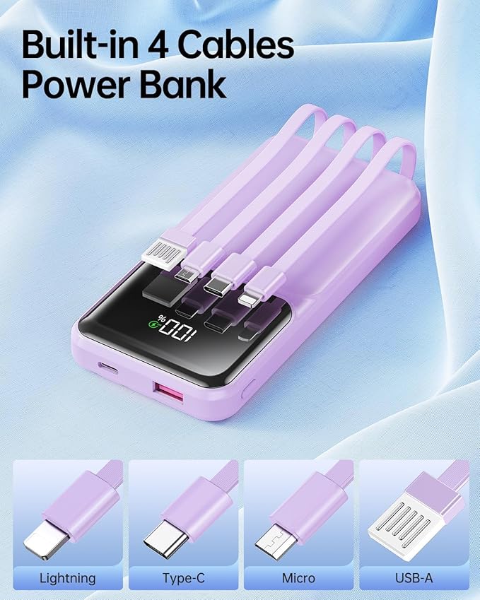 RONEGN Portable Charger with Built in Cable - 22.5W Power Bank Fast Charging USB C LED Display 10000mAh Travel Battery Pack 5 Outputs & 3 Inputs for iPhone Samsung Android iPad Phones Tablets etc