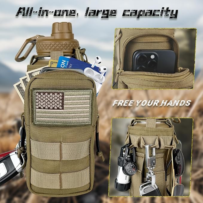 32 oz Insulated Water Bottle with Sleeve - Tactical Stainless Steel Metal Water Jug, Wide Mouth Gym Water Bottles for Men Sports Workout Hiking with Pouch Khaki