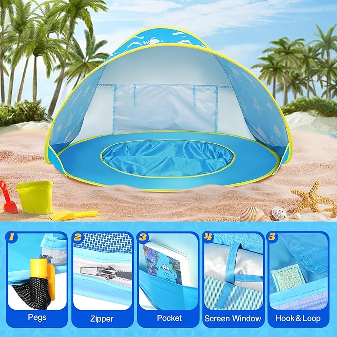 Monobeach Baby Beach Tent Ocean Pop Up Portable Shade Pool UPF50+ UV Protection Sun Shelter for Infant with Easy Set Up Canopy
