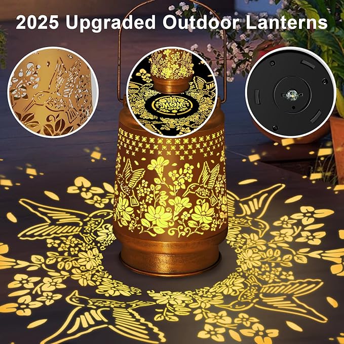 Hummingbird Solar Lanterns Outdoor Waterproof, Hanging Solar Lights Garden Lanterns with Shepherd Hook, Metal Garden Decor for Yard, Patio, Lawn, Landscape, Gifts for Women Mom Mothers Day Christmas