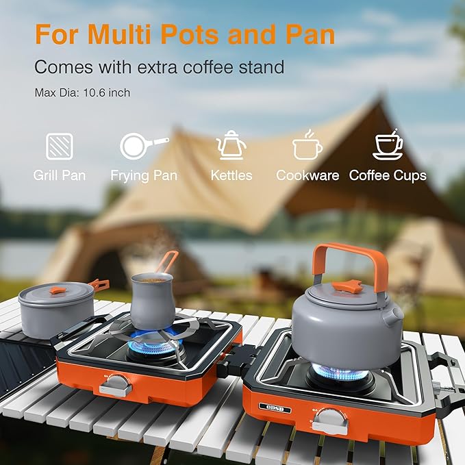 ODSD 2 Burner Camping Stove with Windshield, 20000 BTU Propane Camp Stove, Portable Folding Gas Stove, Camping Essentials Gears Includes Frying Pan, Coffee Stand & Carry Bag, Orange