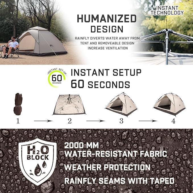 Happy Travel 1/2/3/4 Person Camping Tent, Instant Easy Pop Up Tents for Camping,Automatic Waterproof Family Camping Tent, Easy Set Up Tent,Portable Windproof Dome Tent for Camping Hiking & Traveling