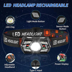 3Pack Headlamp Rechargeable, Super Bright Head Lamps LED Rechargeable, LED Headlight with Motion Sensor, Head Lights for Forehead with Red Light, Headlamps for Adults Kids Camping Essentials Running