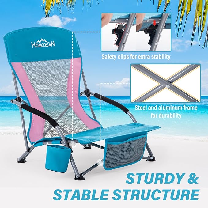 Homcosan Portable Low Folding Beach Chairs Set of 2 - Lightweight Camping Chairs for Adults with Cup Holder & Storage Pockets, Carry Bag Included (Blue & Pink)
