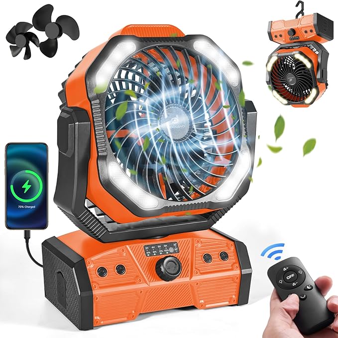 Odoland 40000mAh Camping Fan with LED Light, Battery Operated Oscillating Desk Fan with Remote & Hook, Rechargeable Outdoor Tent Fan with Timer for Hurricane Power Outage Travel Jobsite RV, Orange