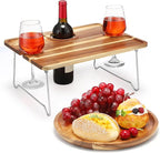 Picnic Foldable Wine Table with Natural Wood Plate Kit, Handmade Handle Portable Tray Table with Food Plate for 2 Outdoor Camping Picnic Wine Set Gift for Couples (Dark Color)