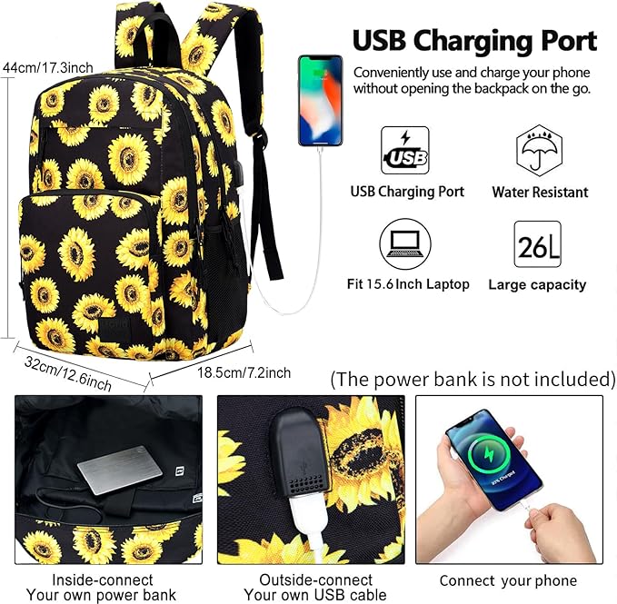 KEOFID Classic Travel backpack for Men and Women, Anti Theft Laptop Backpack with USB Charging Port for Work, Large Bag for College, Water Resistent(Sunflower)