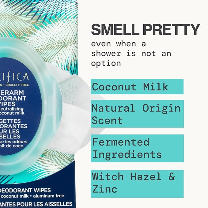 Pacifica Beauty Coconut Milk & Essential Oils Underarm Deodorant Wipes, Helps Remove Odor, Aluminum-Free, Vegan & Cruelty-Free (Pack of 8) | 240 wipes Total