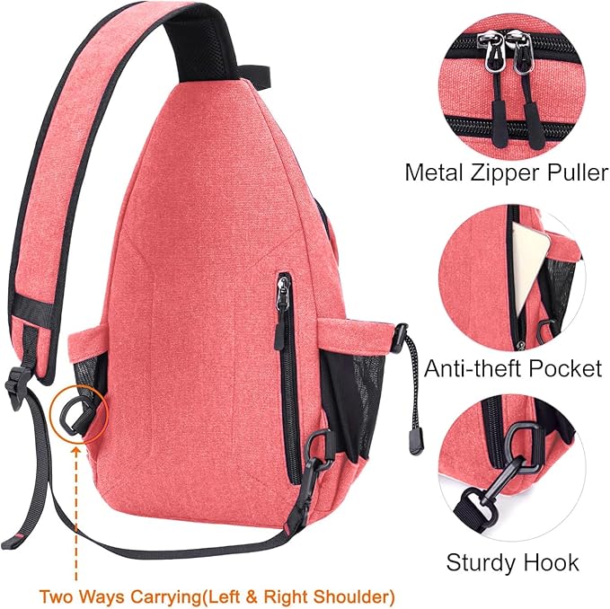 MOSISO Sling Backpack,Canvas Crossbody Hiking Daypack Bag with Anti-theft Pocket, Cherry Pink