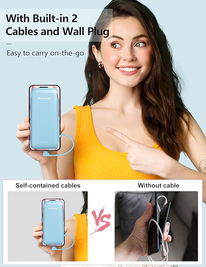 Portable Charger Power Bank with Built-in Cable & AC Plug, 10000mAh Fast USB-C Charger, Slim Mini Battery for iPhone 16/15/14/13/Pro/Max & All USB-C Devices