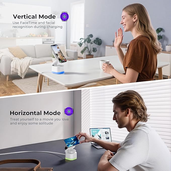 5 in 1 Wireless Charger, Foldable Wireless Charging Station with Night Light for Apple Magnetic Charger, Retractable Cable Fast Charger Stand for iPhone 17/16/15/14/13/12, Apple Watch, AirPods Pro 3
