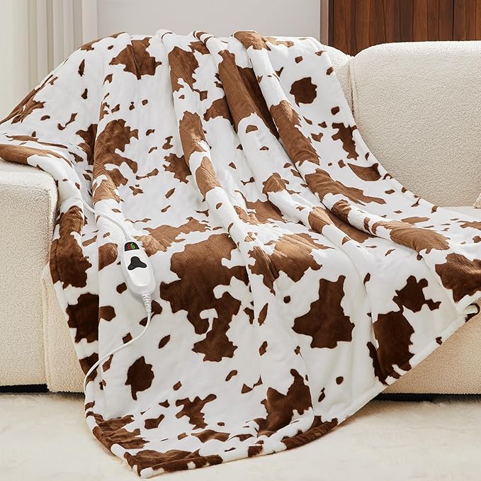 Cow Print Heated Electric Blanket Twin Size,62X84 Brown Heating Blanket with 10 Heats Levels & 8 Hours Auto Off,Highland Cow Fleece Sherpa Blankets Warmer Gifts for Women Adults Couch,Washable,ETL
