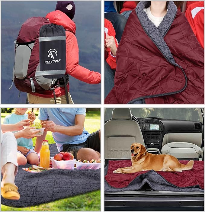 REDCAMP Large Warm Blanket with Sherpa Lining, Cold Weather Outdoor Blanket Windproof for Camping Stadium, Machine Washable 79"x 79" Red