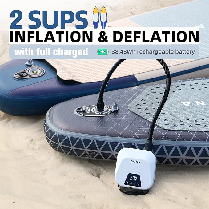 CYCPLUS 20PSI High Pressure Smart SUP Air Pump, Rechargeable Battery-Powered, Intelligent Dual Stage Inflation & Deflation, Auto-Off Air Pump for Stand Up Paddle Boards,Surfing Kite, Tent, Mattress
