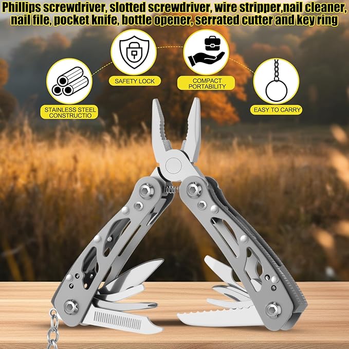 Lasnten 10 Sets Small Multitool Pliers Gift for Men, Stainless Steel Multi Tool with Oxford Cloth Cover, Pliers Foldable Knife Bottle Opener Screwdriver Apply to Camping Dad Gifts(Gray)
