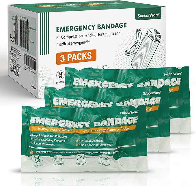 6 Inch 3 Packs Israeli Bandage - Emergency Bandage with Vacuum Sterile Package - for Wound Dressing, First Aid Kit, Medical Trauma Kit Refill
