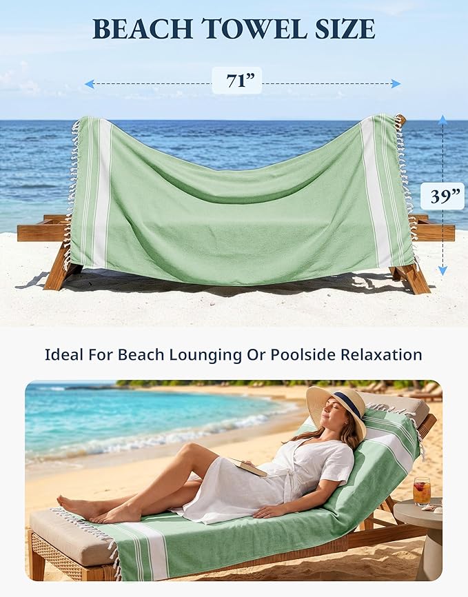 LANE LINEN Turkish Beach Towels, 2 Pack Extra Large Beach Towel, Pre-Washed for Soft Feel, Oversized Sand Free Quick-Dry Pool Towel, Beach Towels for Adults,39"x71" - Jade Green