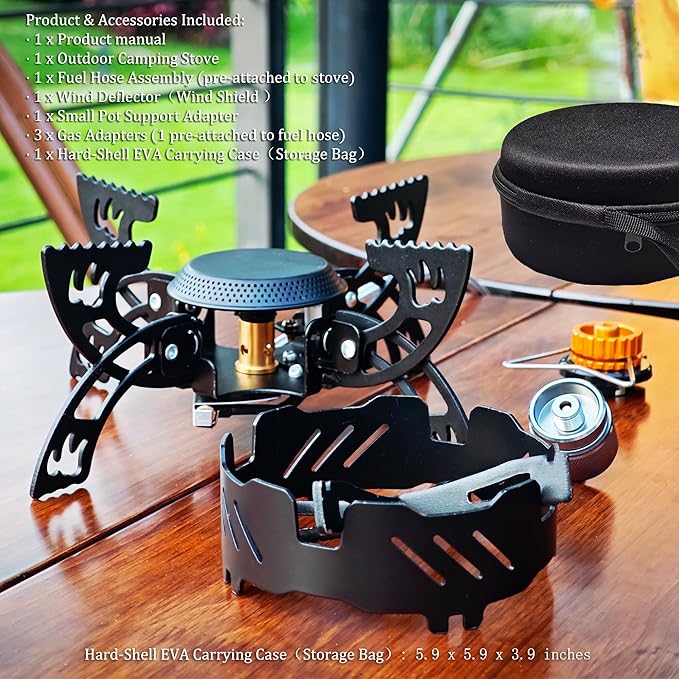 Foldable Camping Stove, Portable Windproof Gas Stove with 3 Gas Canister Converters - Compact Outdoor Cooker for Hiking Backpacking, Includes EVA Carrying Case, Wind Shield & Pot Support (Black)