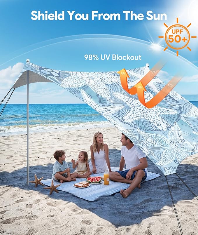 Beach Tent Sun Shelter, 10 x 10 FT Beach Canopy Tent Sun Shade, UPF50+ Tents Canopy with 8 Sandbags & 4 Stability Poles, Outdoor Tents for Camping Fishing, Starfish