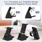 3-in-1 Wireless Charging Station: Portable 10000mAh Power Bank Charger Compatible for Phone Air/17/16/15/14/13/12 Series and Watch - Detachable Magnetic Charging Stand Black
